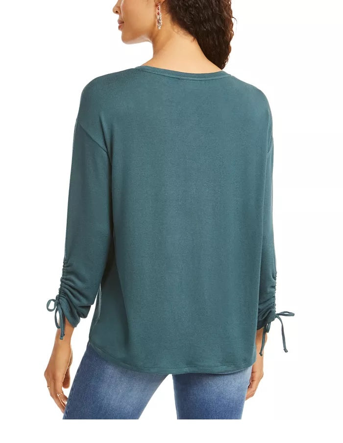Style & Co Women's Petite Drawstring Tie-Cuff Top Green Size Petite
