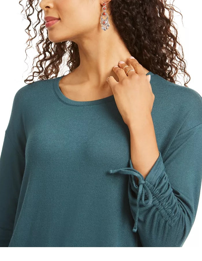 Style & Co Women's Petite Drawstring Tie-Cuff Top Green Size Petite