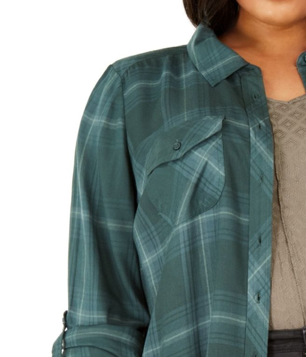 Style & Co Women's Plus Size Plaid Utility Shirt Green Size 1X
