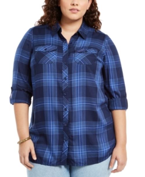 Style & Co Women's Plus Size Plaid Utility Shirt  Blue Size Extra Large