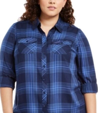 Style & Co Women's Plus Size Plaid Utility Shirt  Blue Size Extra Large