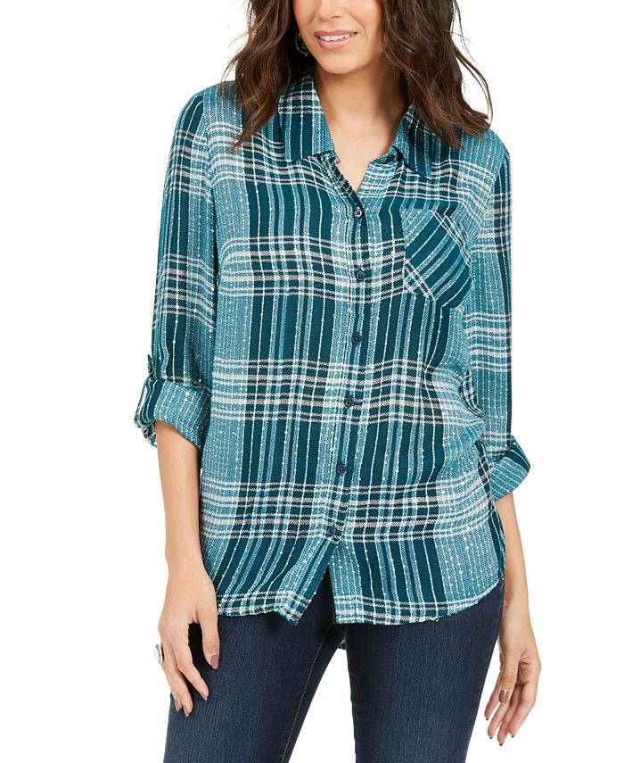 Style & Co Women's Plaid One-Pocket Shirt Green Size X-Small