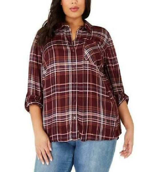 Style & Co Women's Plus Size Plaid Utility Shirt Berry Size 3 Extra Large