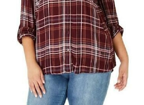 Style & Co Women's Plus Size Plaid Utility Shirt Berry Size 3 Extra Large