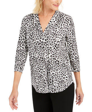 Charter Club Women's Animal Print Pleated V Neck Top White Size Small