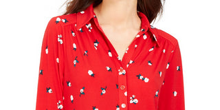 Charter Club Women's 3/4 Sleeve Printed Polo Top Red Size X-Small