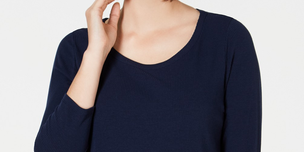 Charter Club Women's Contrast Pleated-Back Ribbed Top Blue Size Small