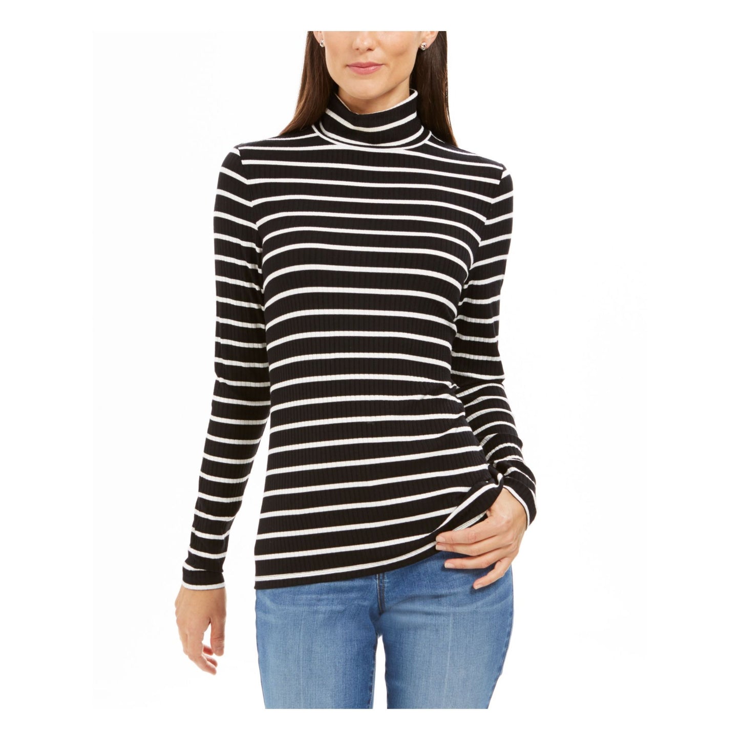 Charter Club Women's Striped Turtleneck Top Black Size Large