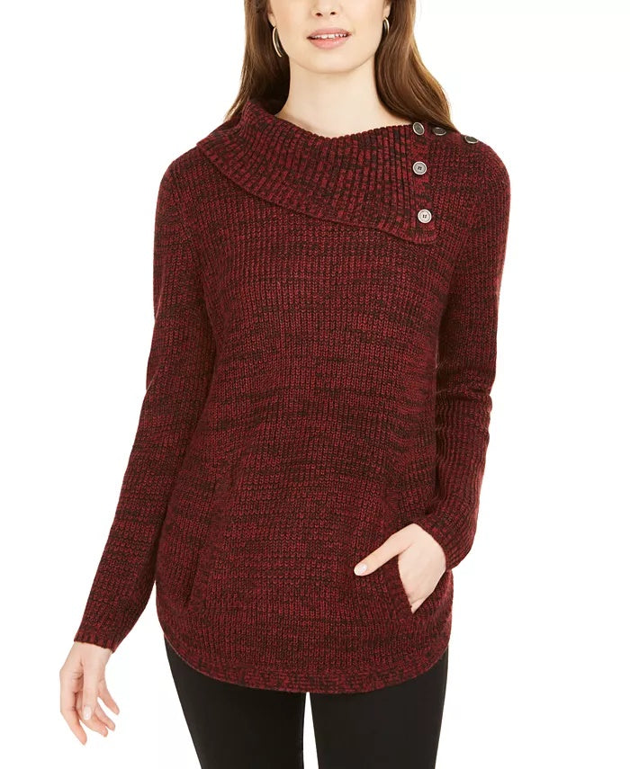 Style & Co Women's Envelope Neck Kangaroo Pocket Knit Sweater Dark Red Size Large