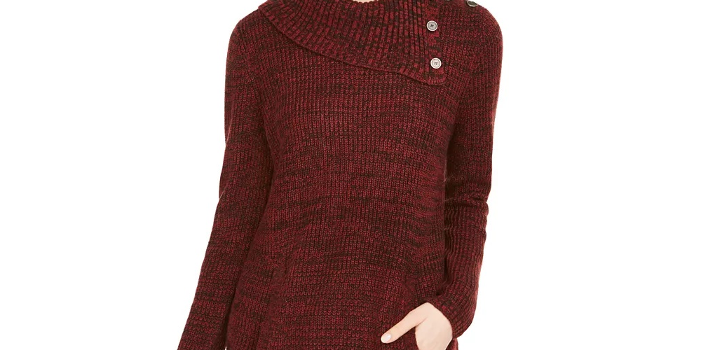 Style & Co Women's Envelope Neck Kangaroo Pocket Knit Sweater Dark Red Size Large