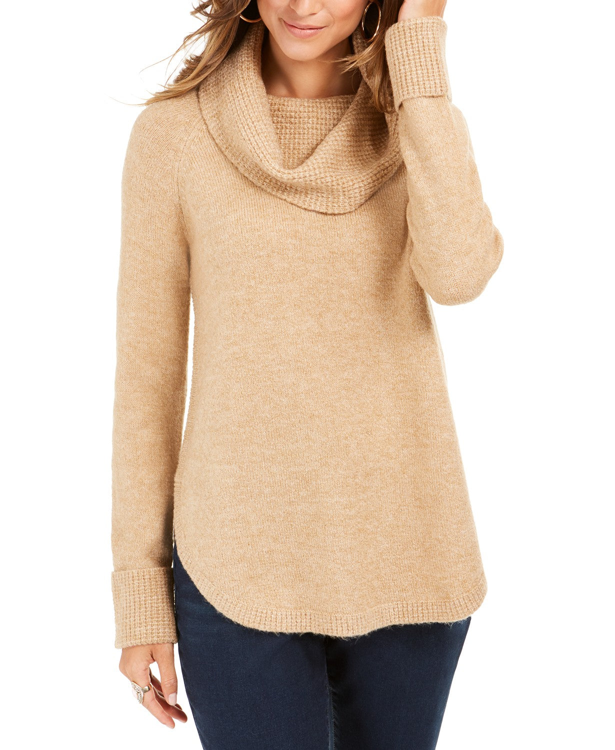 Style & Co Women's Cowl-Neck Waffle-Knit Sweater Beige Size Large