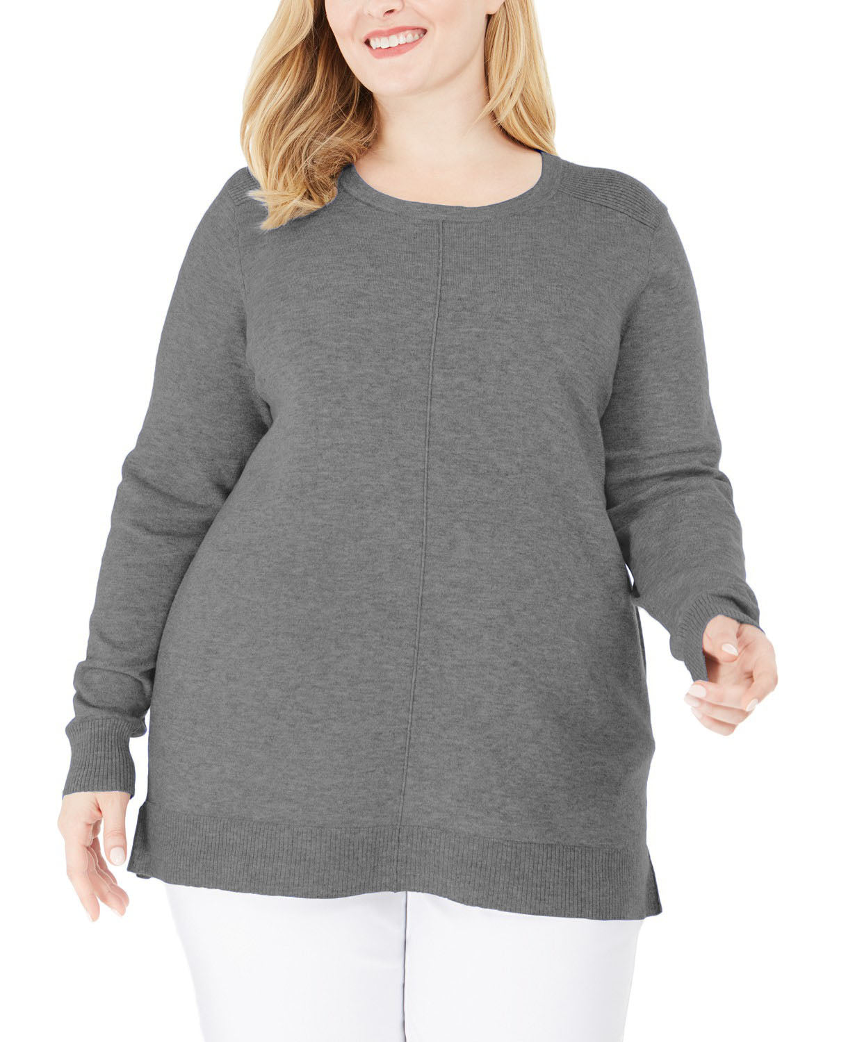 Karen Scott Women's Plus Size Scoop-Neck Seamed Sweater Gray Size Extra Large