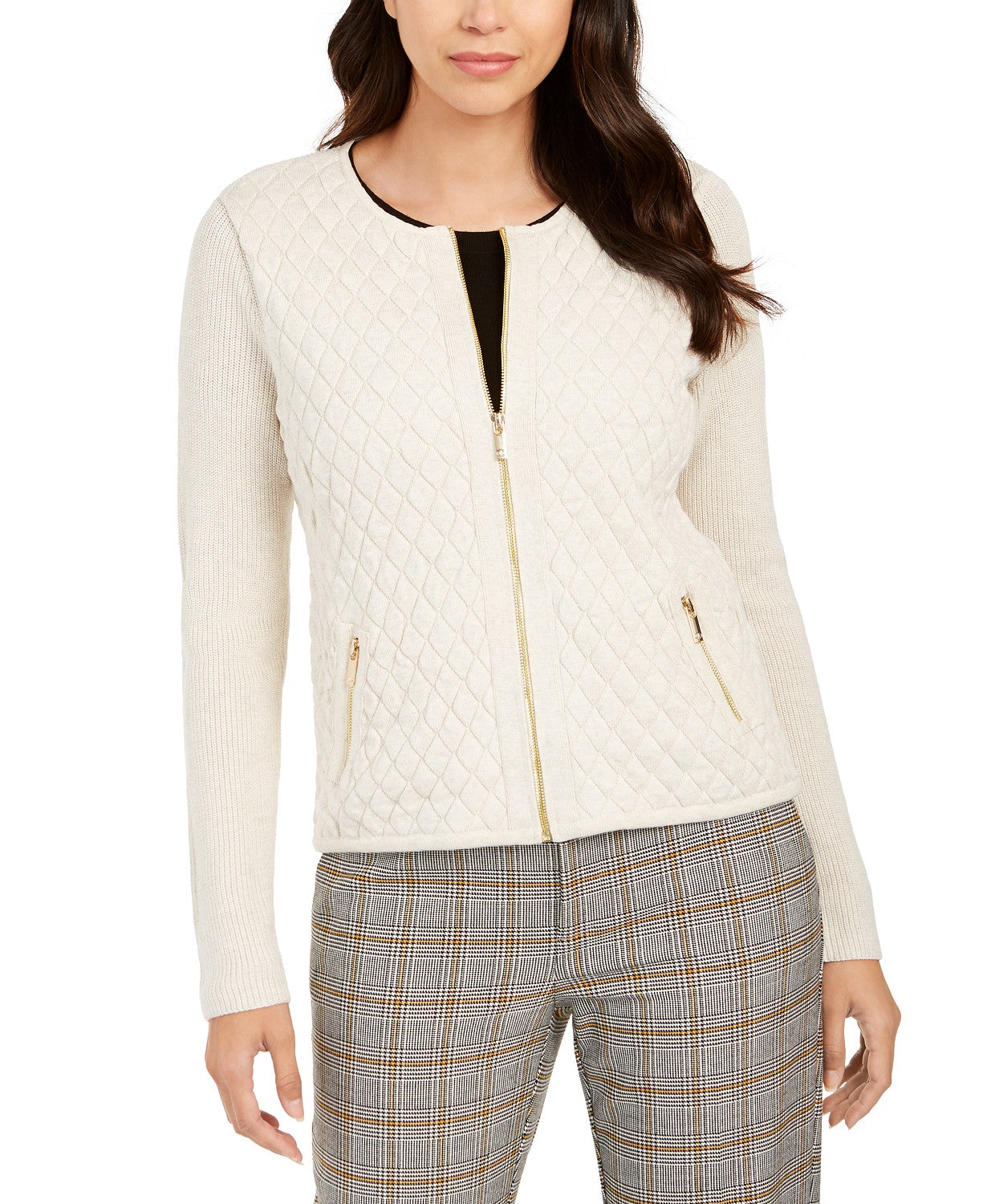 Charter Club Women's Cotton Quilted Zip-Front Cardigan Beige Size Large