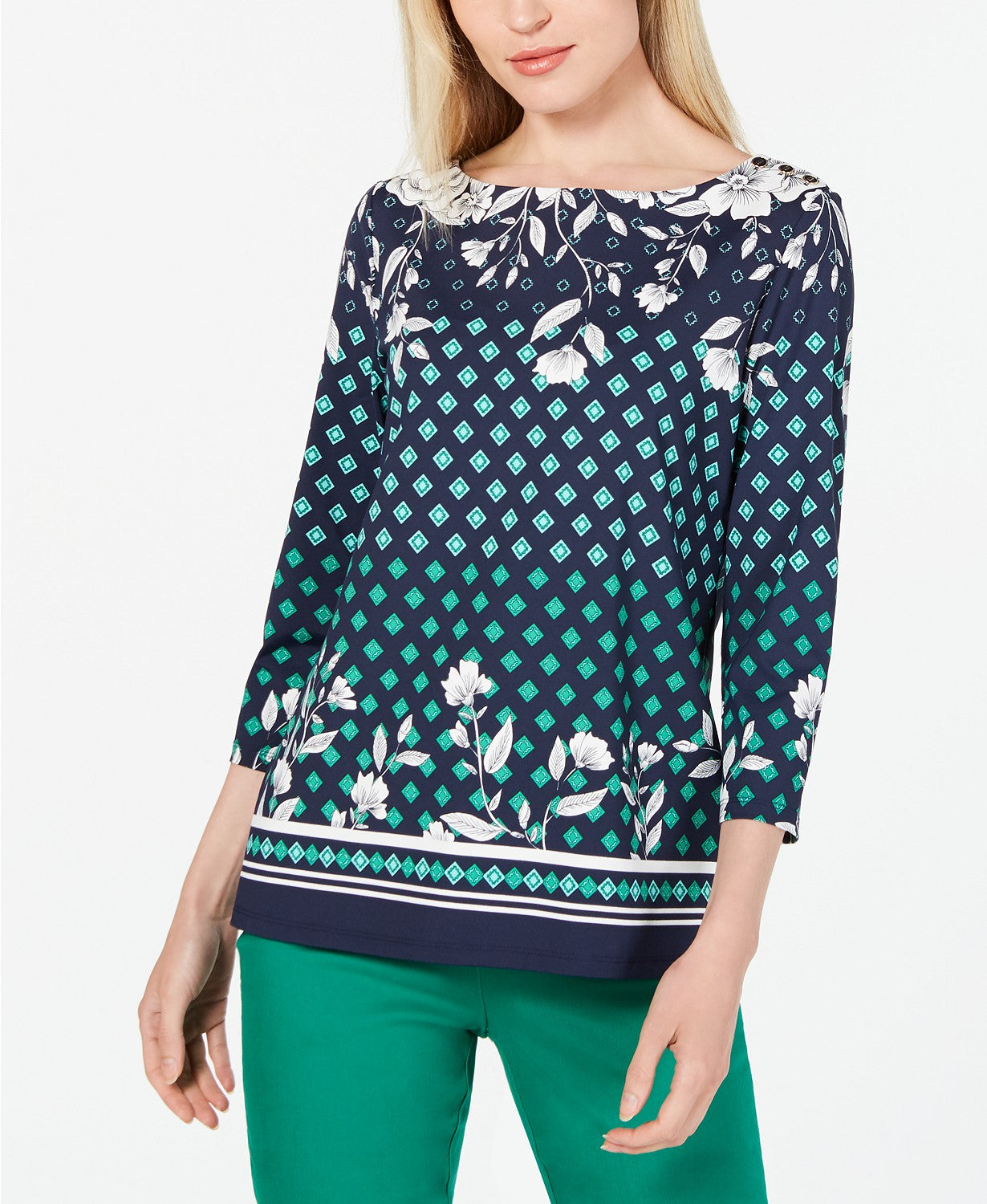 Charter Club Women's Printed Boat-Neck Top Blue Size Large