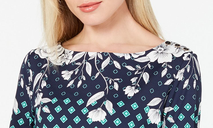 Charter Club Women's Printed Boat-Neck Top Blue Size Large