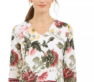 Charter Club Women's Garden Printed V-Neck Top White Size Large
