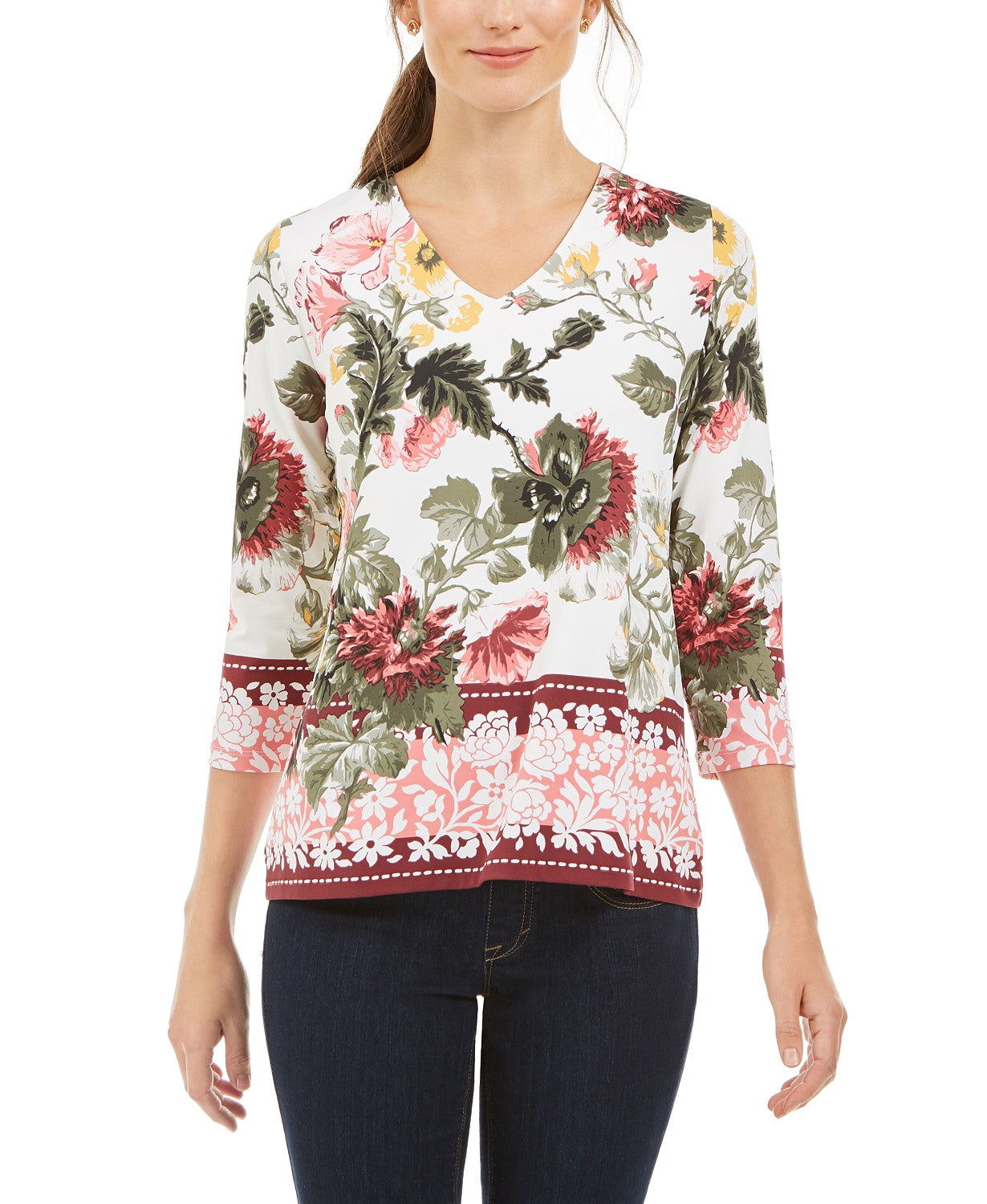 Charter Club Women's Garden Printed V-Neck Top White Size Medium