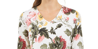 Charter Club Women's Garden Printed V-Neck Top White Size Medium