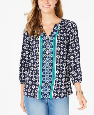 Charter Club Women's Petite Printed Split-Neck 3/4-Sleeve Top Blue Size Petite