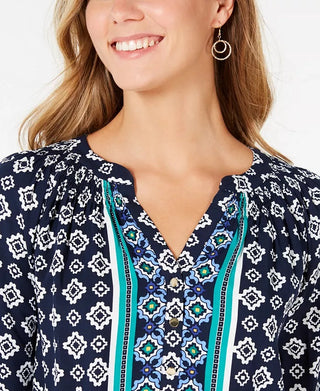 Charter Club Women's Petite Printed Split-Neck 3/4-Sleeve Top Blue Size Petite