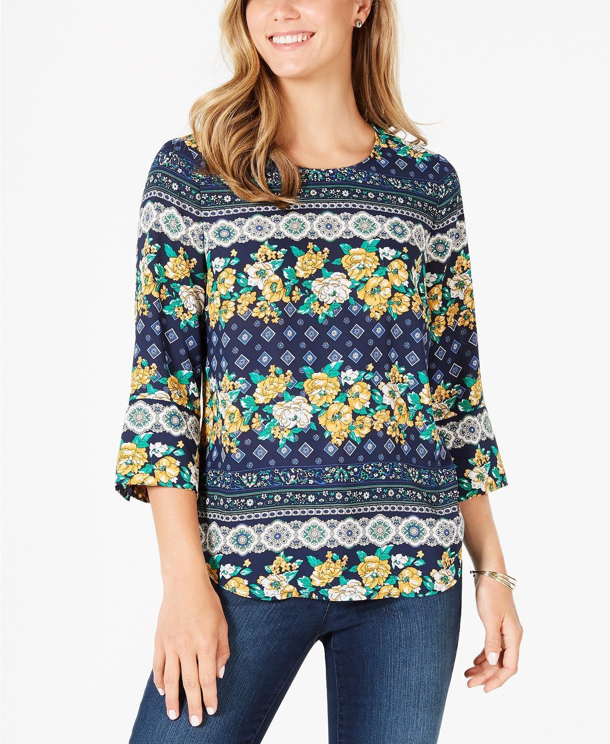 Charter Club Women's Petite 3/4-Sleeve Printed Top Blue Size Small