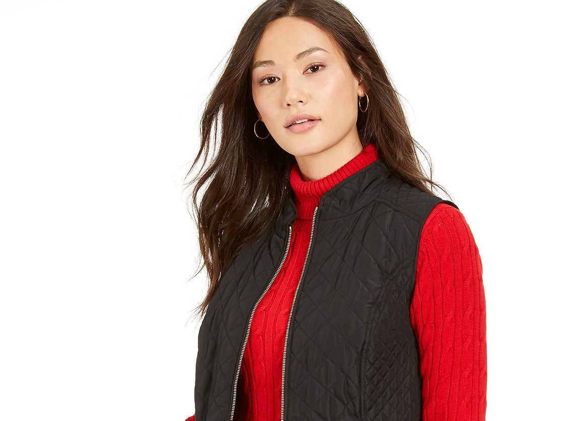 Charter Club Women's Petite Zip-Front Quilted Cotton Vest Black Size Petite