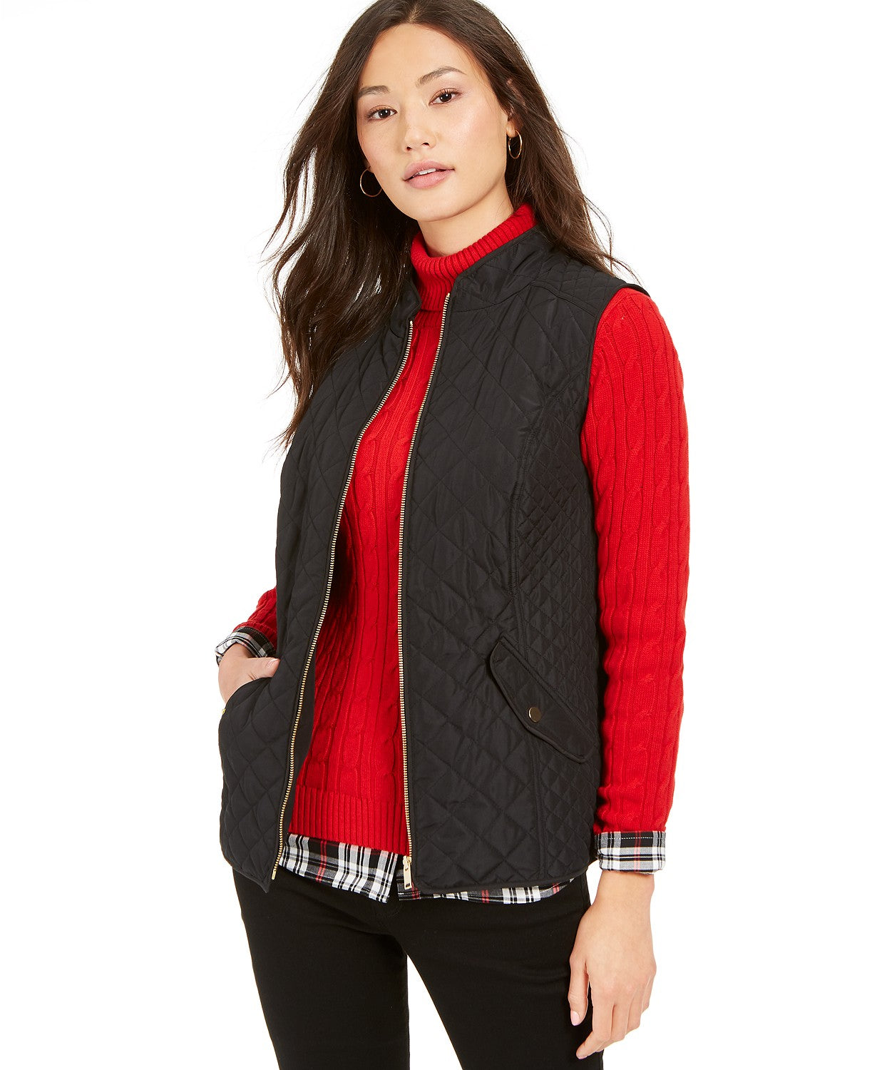 Charter Club Women's Petite Zip-Front Quilted Cotton Vest Black Size Medium