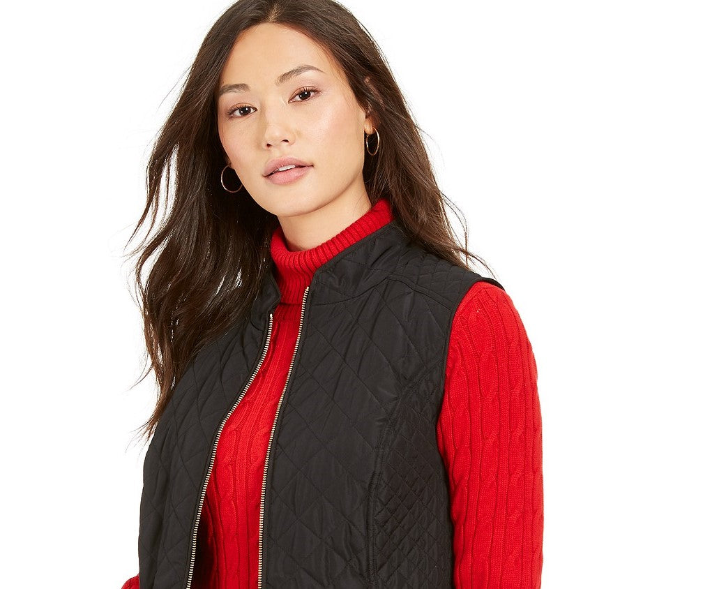 Charter Club Women's Petite Zip-Front Quilted Cotton Vest Black Size Medium