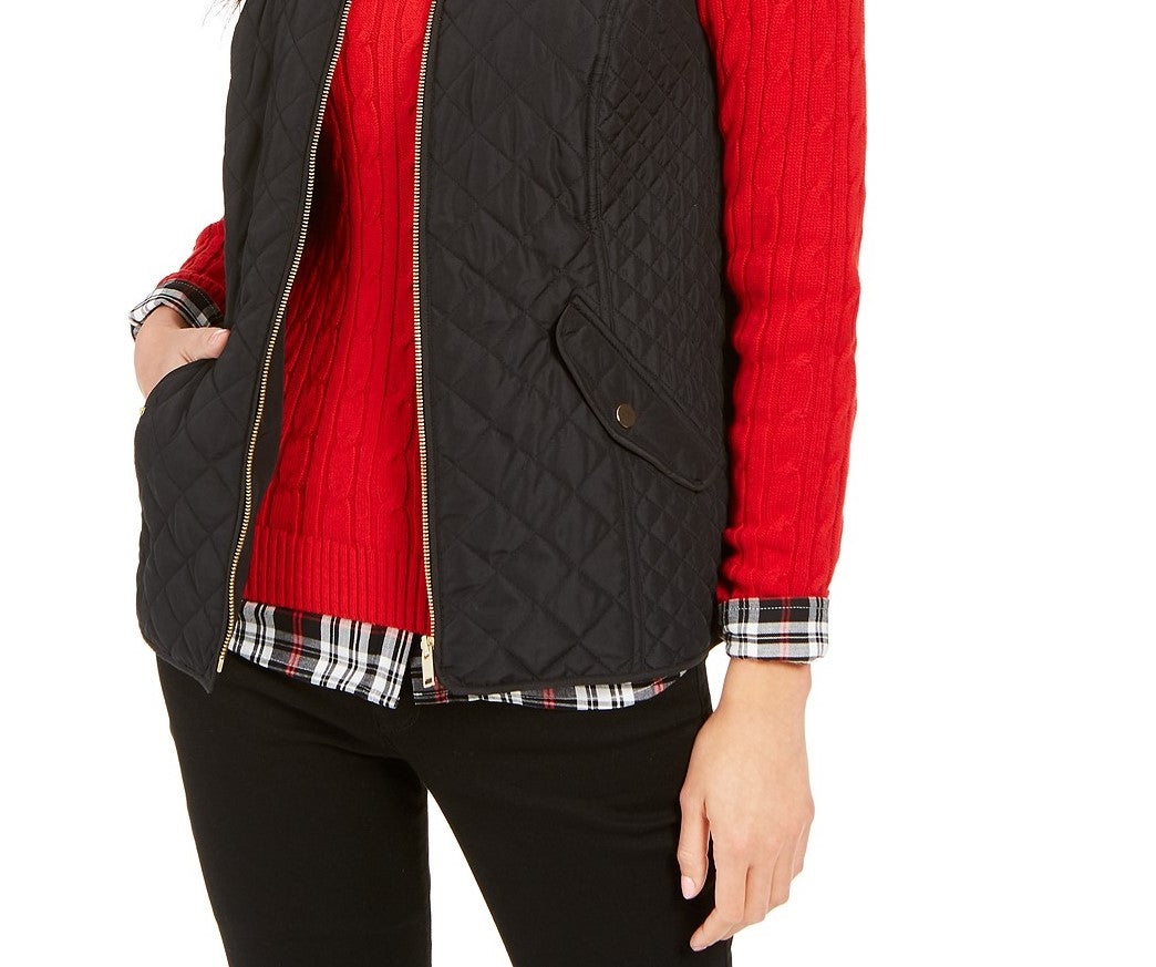 Charter Club Women's Petite Zip-Front Quilted Cotton Vest Black Size Medium