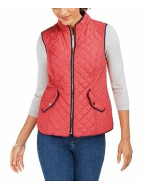 Charter Club Women's Petite Zip-Front Quilted Cotton Vest Red Size Medium