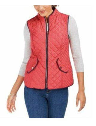 Charter Club Women's Petite Zip-Front Quilted Cotton Vest Red Size Medium