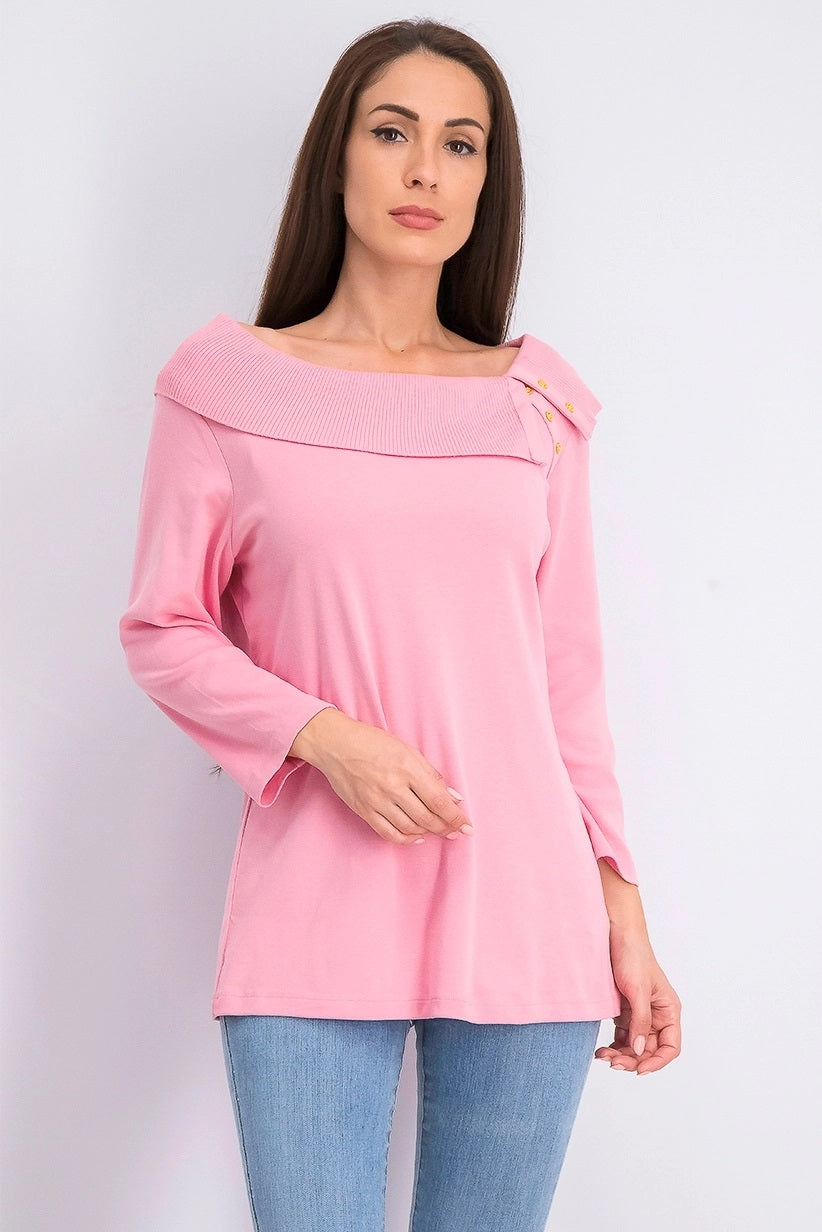 Karen Scott Women's Cotton Shawl-Collar Button Top  Pink Size Medium