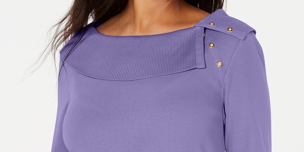 Karen Scott Women's Cotton Shawl-Collar Button Top Purple Size Extra Small