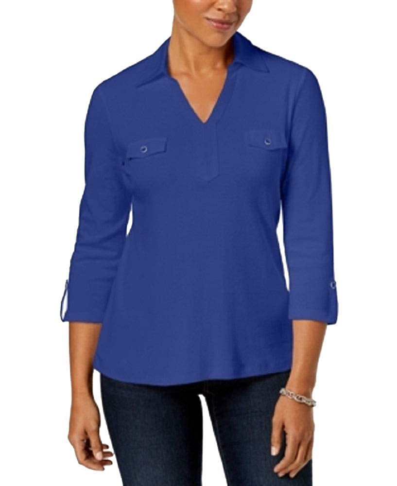 Karen Scott Women's Cotton Johnny-Collar Utility Shirt Ultra Blue Size Small