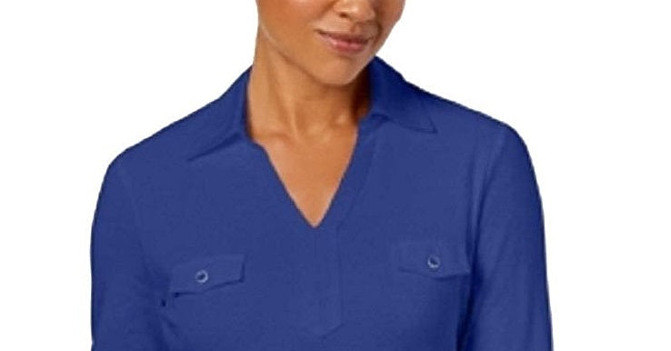 Karen Scott Women's Cotton Johnny-Collar Utility Shirt Ultra Blue Size Small