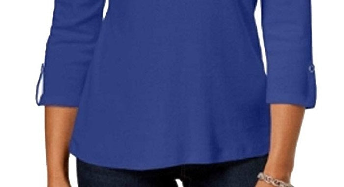 Karen Scott Women's Cotton Johnny-Collar Utility Shirt Ultra Blue Size Small