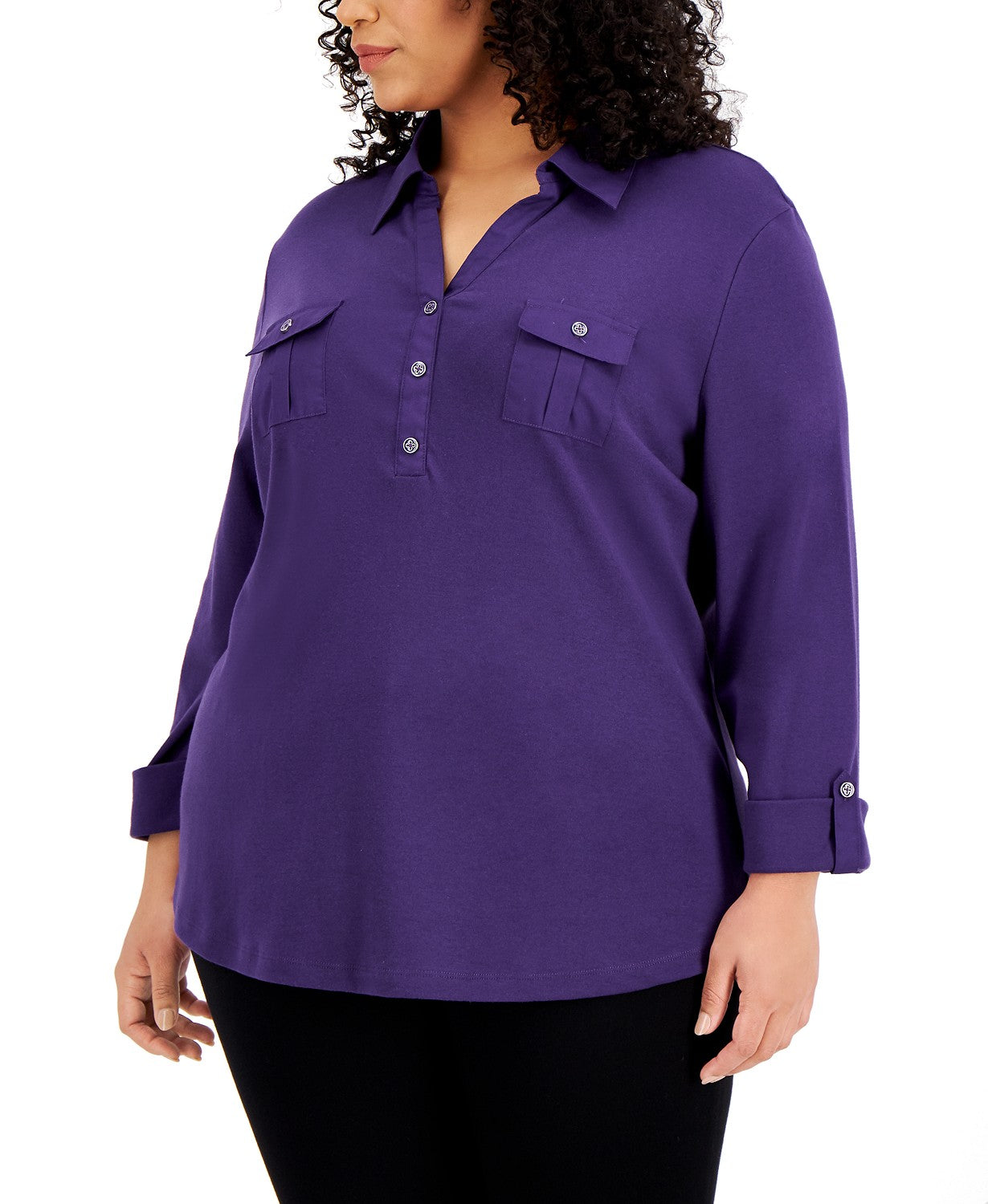 Karen Scott Women's Plus Size Solid V-Neck Woven Top Purple Size X-Large