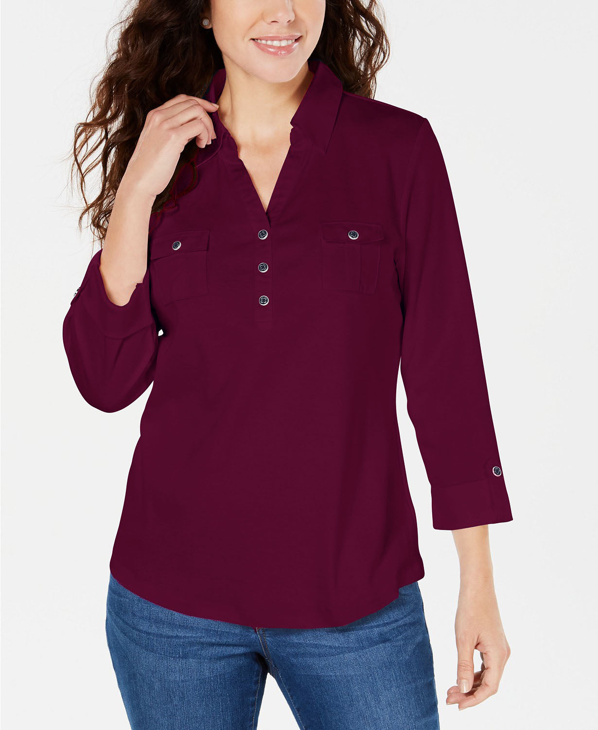 Karen Scott Women's 3/4-Sleeve Polo Shirt Purple Size Petite Small