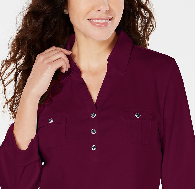 Karen Scott Women's 3/4-Sleeve Polo Shirt Purple Size Petite Small