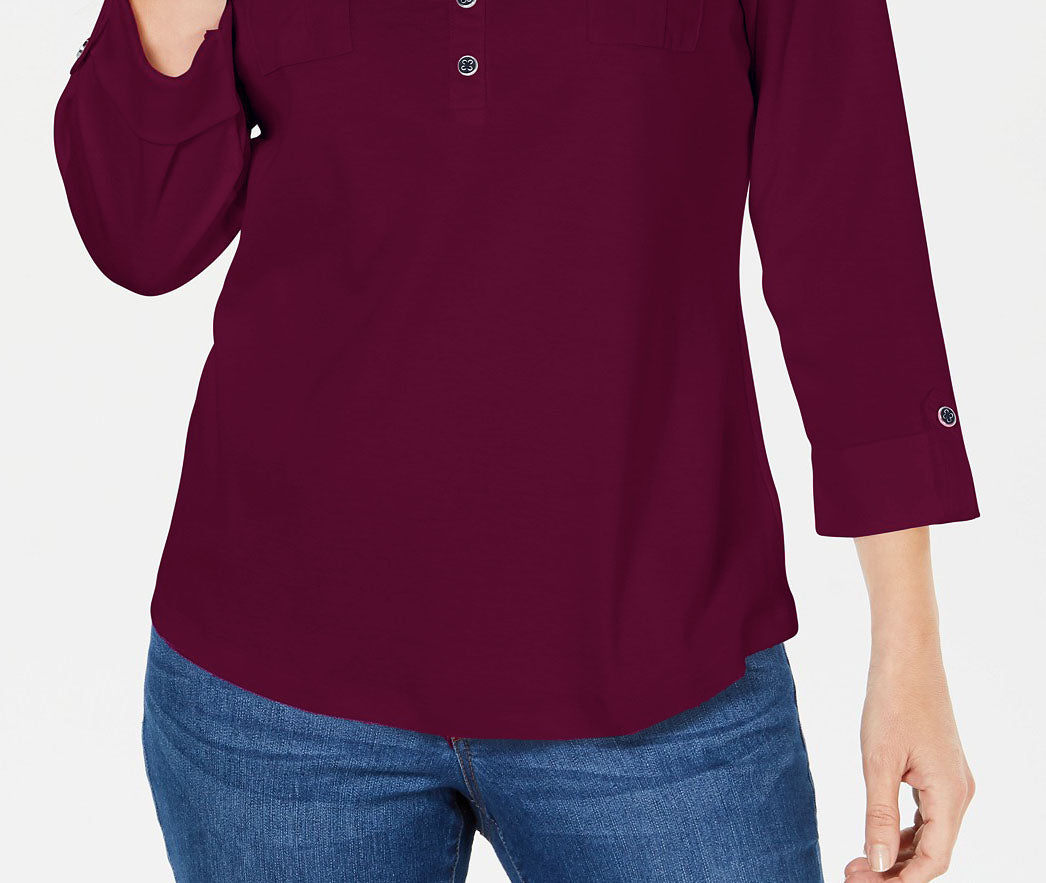 Karen Scott Women's 3/4-Sleeve Polo Shirt Purple Size Petite Small