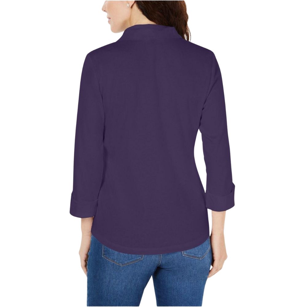 Karen Scott Women's 3/4 Sleeve Polo Shirt Purple Size Petite Small
