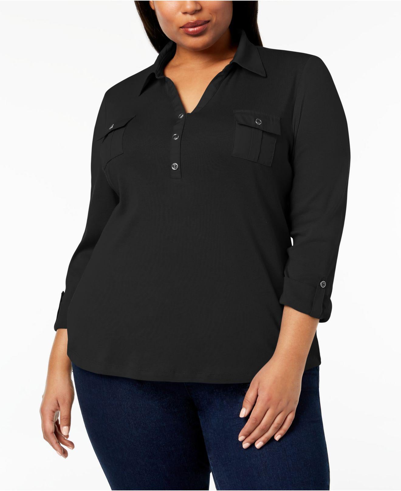Karen Scot Women's Plus Size Cotton 3/4-Sleeve Polo Top Black Size 2 Extra Large