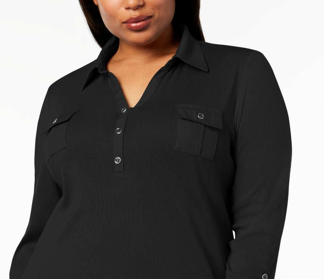 Karen Scot Women's Plus Size Cotton 3/4-Sleeve Polo Top Black Size 2 Extra Large