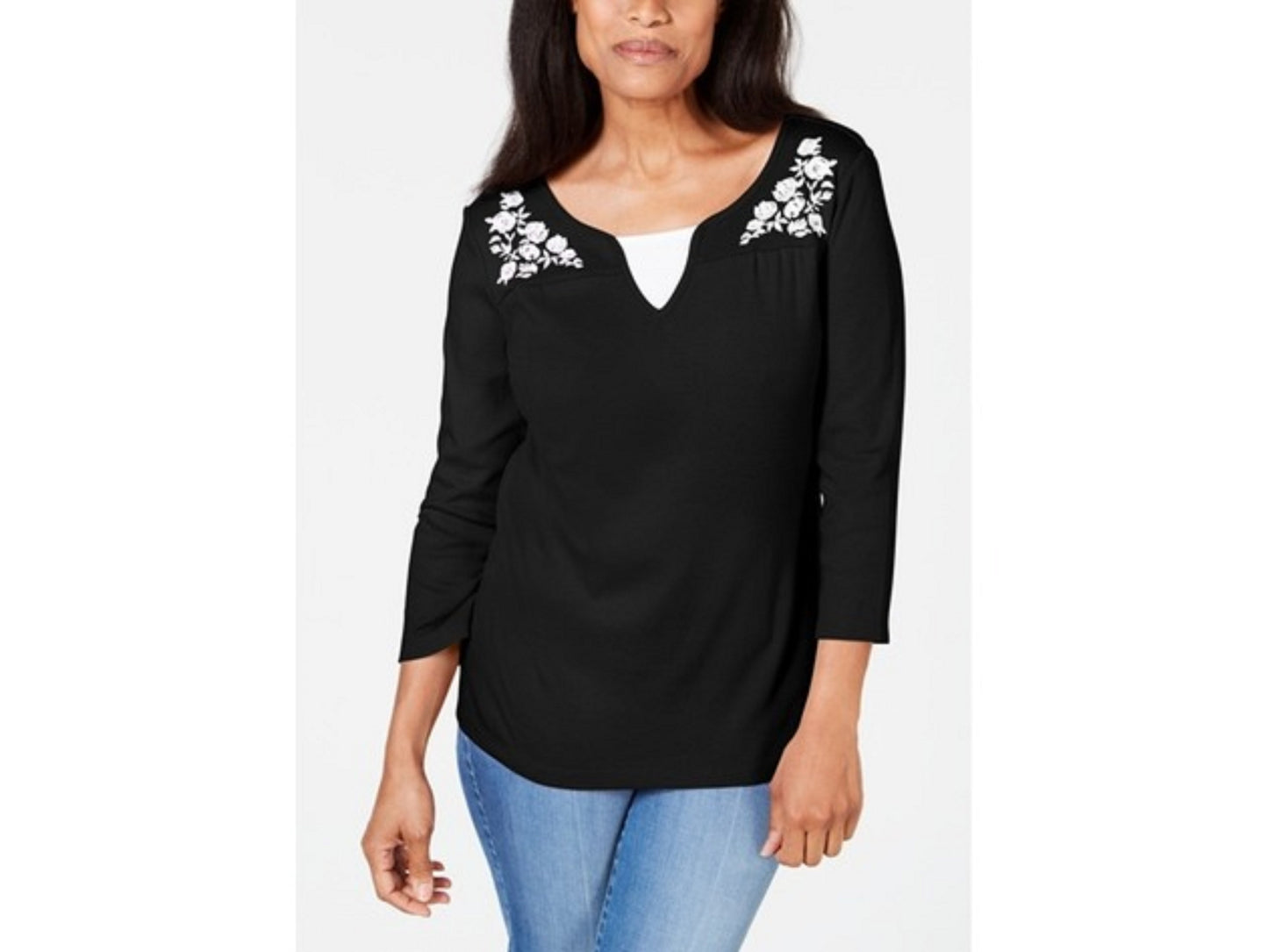 Karen Scott Women's Embroidered Cotton Layered-Look Top Black Size Small