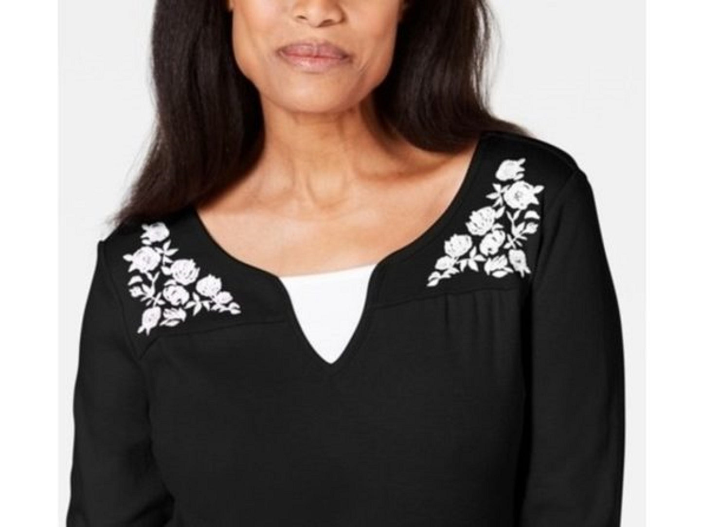 Karen Scott Women's Embroidered Cotton Layered-Look Top Black Size Small