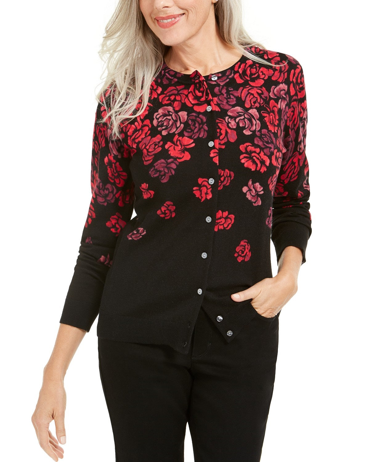 Karen Scott Women's Serenity Floral-Print Cardigan Red Size Small