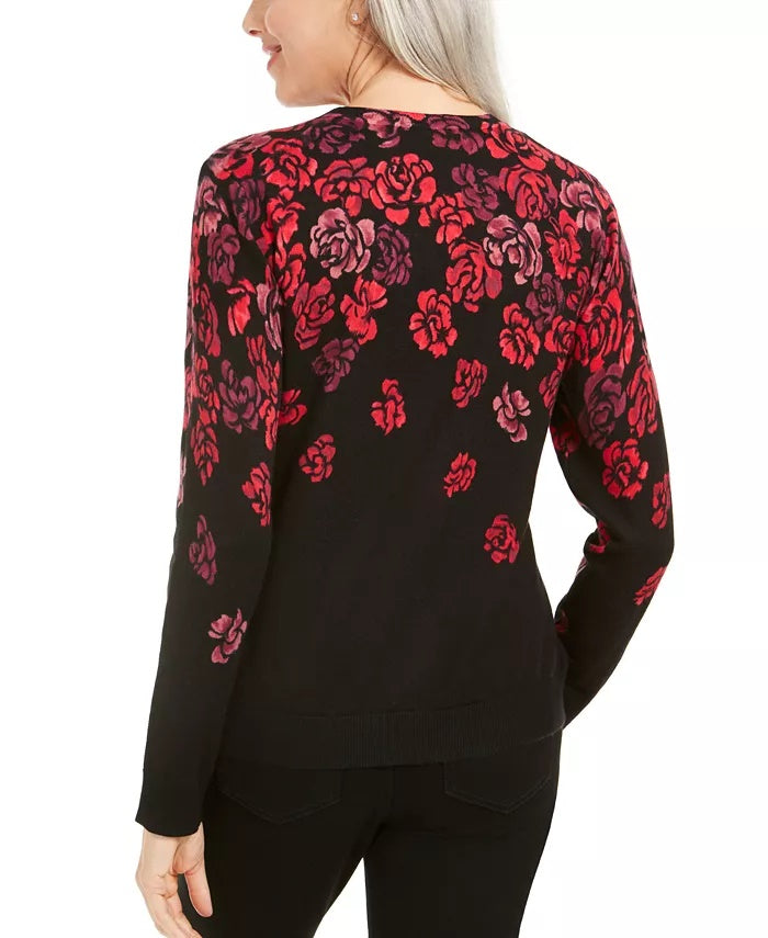 Karen Scott Women's Serenity Floral-Print Cardigan Red Size Small