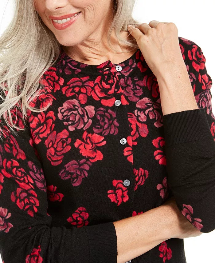 Karen Scott Women's Serenity Floral-Print Cardigan Red Size Small