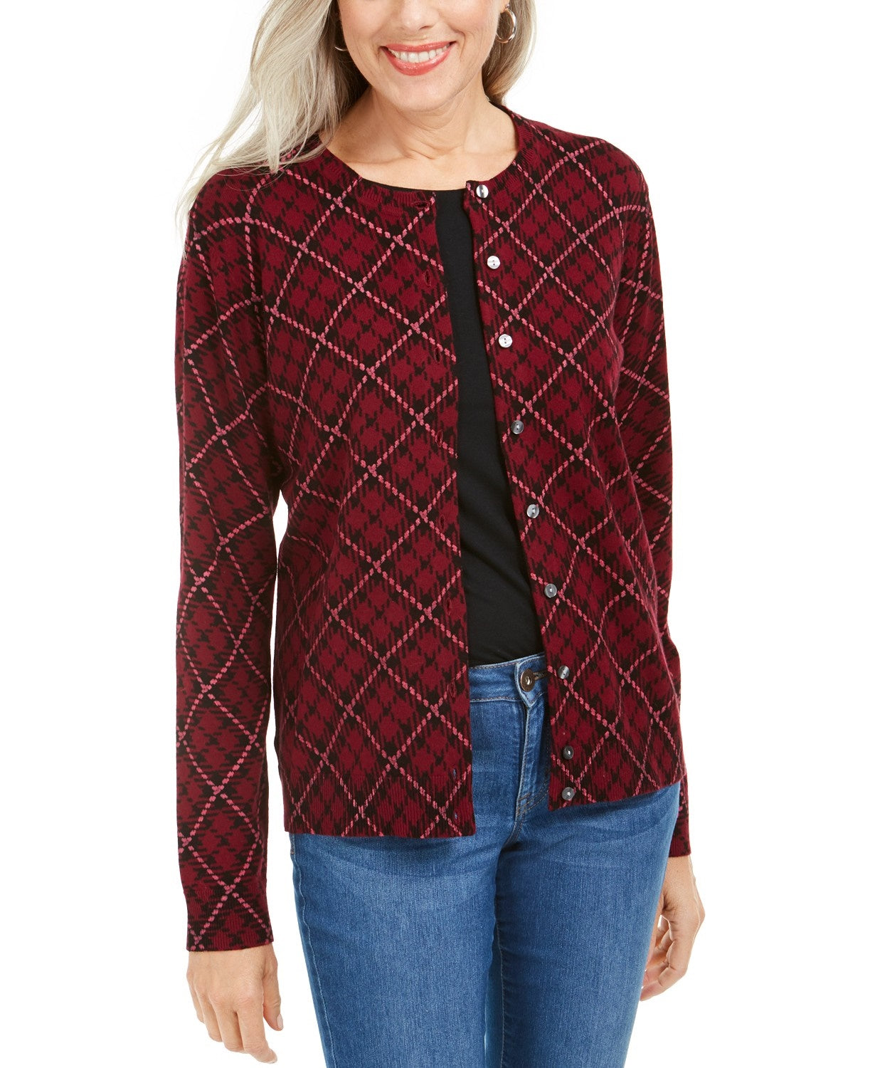 Karen Scott Women's Holiday Plaid-Print Cardigan Red Size Large
