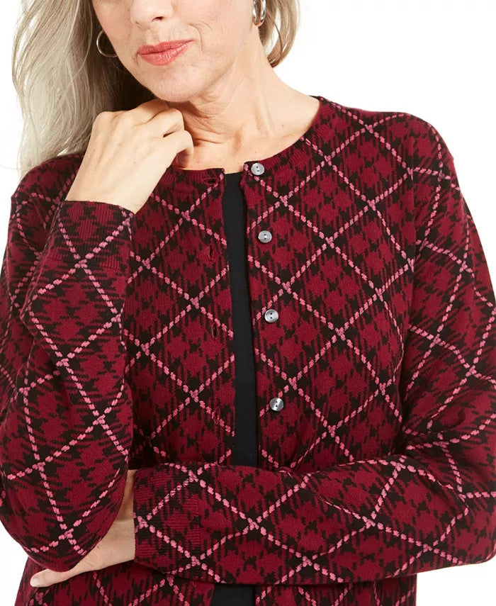 Karen Scott Women's Holiday Plaid-Print Cardigan Red Size Large